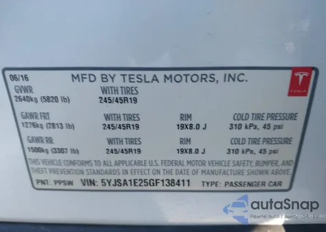 2016 Tesla Model S 60D/70D/75D/85D/90D z USA, uszkodzony, nr VIN 5YJSA1E25GF138411